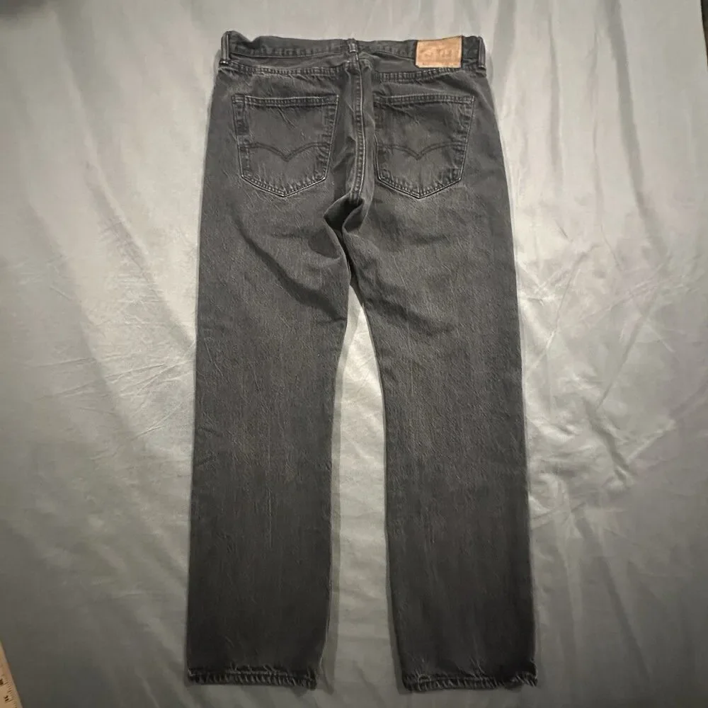 Levis 501 Jeans Men 36x32 Straight Leg Black Denim Leather Patch Button Fly